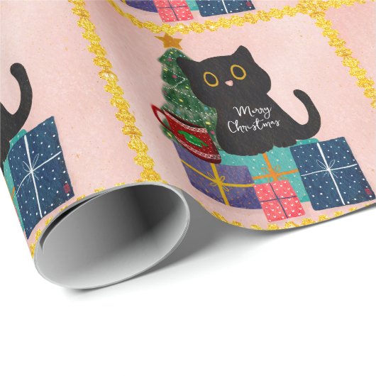 フェスティバルピンク金ゴールドクリスマスブラックキャットコーヒー ラッピングペーパー (ロールコーナー)