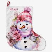 フェスティバルピンク雪の女性の名前を追加 ラージクリスマスストッキング (正面)
