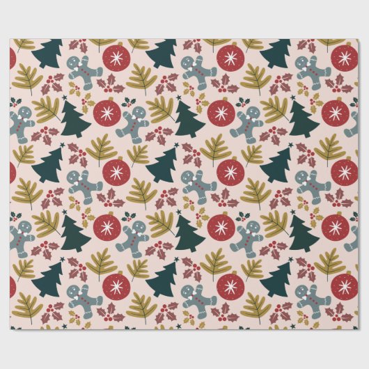 フェスティバルピーチクリスマスツリーとジンジャーブレッドマン ラッピングペーパー (フラット)