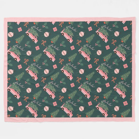 フェスティバルファラクリスマスツリーヴィンテージピンクレトロバン フリースブランケット (正面(横))