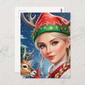 フェスティバルファンタジーブロンドの女性と鹿のクリスマス ポストカード (正面/裏面)