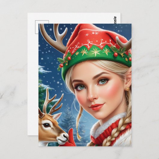 フェスティバルファンタジーブロンドの女性と鹿のクリスマス ポストカード (正面/裏面)
