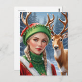 フェスティバルファンタジーブロンドの女性と鹿のクリスマス ポストカード (正面/裏面)