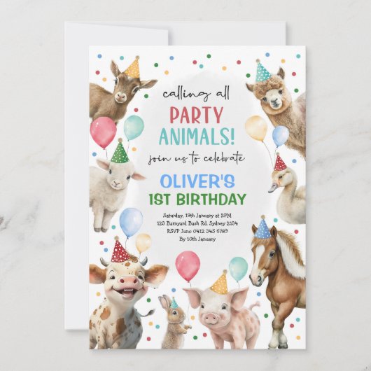 フェスティバルファーム納屋周囲の庭パーティー動物ボーイズ誕生日 招待状 (正面)