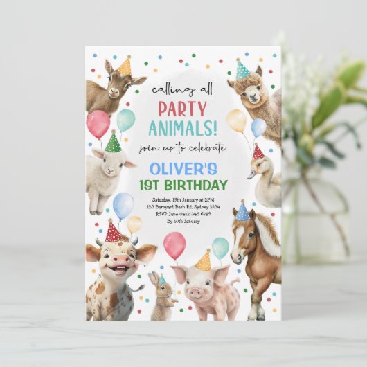 フェスティバルファーム納屋周囲の庭パーティー動物ボーイズ誕生日 招待状 (スタンド正面)