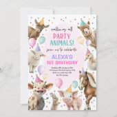 フェスティバルファーム納屋周囲の庭パーティー動物女子誕生日 招待状 (正面)