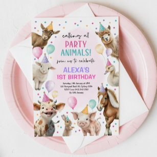 フェスティバルファーム納屋周囲の庭パーティー動物女子誕生日 招待状