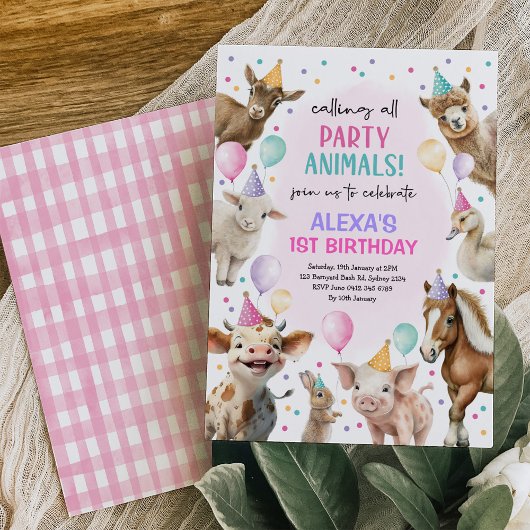 フェスティバルファーム納屋周囲の庭パーティー動物女子誕生日 招待状