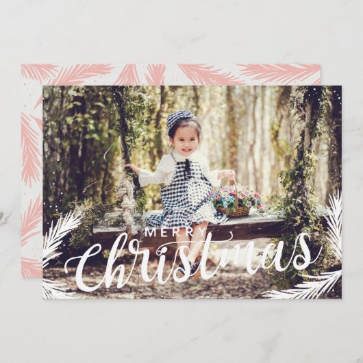 フェスティバルフォトピンクの葉クリスマスホリデーカード シーズンカード (正面/裏面)