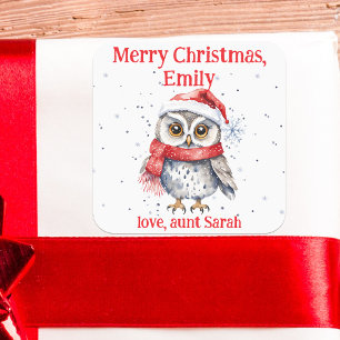 フェスティバルフクロウとサンタハット雪の結晶クリスマス スクエアシール