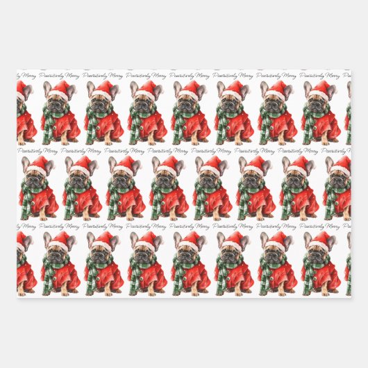 フェスティバルフランスのブルドッグ犬かわいい子犬クリスマス ラッピングペーパーシート (正面)