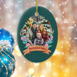 フェスティバルフローラリースクリスマスグリーンフォト セラミックオーナメント