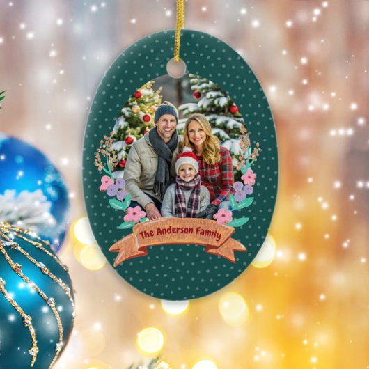 フェスティバルフローラリースクリスマスグリーンフォト セラミックオーナメント