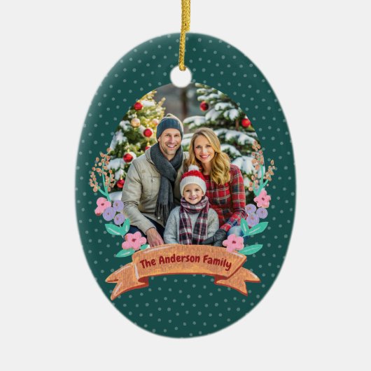 フェスティバルフローラリースクリスマスグリーンフォト セラミックオーナメント (正面)