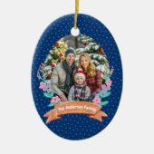フェスティバルフローラリースクリスマスネイビー写真 セラミックオーナメント (正面)
