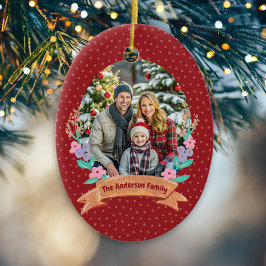 フェスティバルフローラリースクリスマスレッド写真 セラミックオーナメント