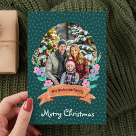 フェスティバルフローラリースグリーンフォトクリスマス シーズンカード