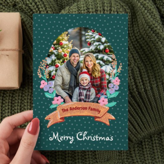 フェスティバルフローラリースグリーンフォトクリスマス シーズンカード