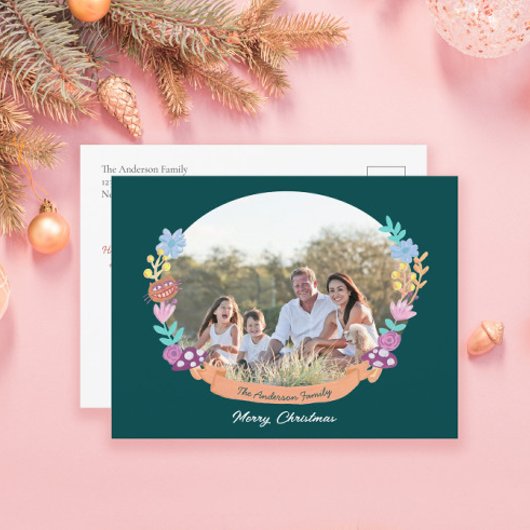 フェスティバルフローラリースダークグリーン写真クリスマス シーズンポストカード