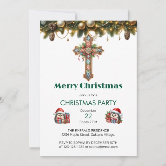 フェスティバルフローラルパターンクロスクリスマス 招待状 (正面)