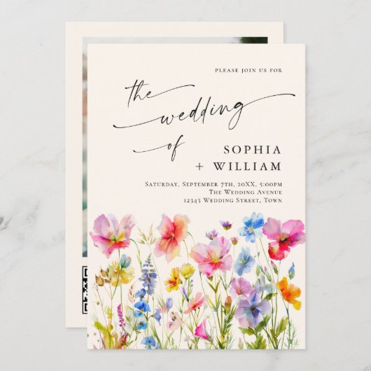 フェスティバルブライトウォーター色ワイルドフラワー結婚ズ 招待状 (正面/裏面)