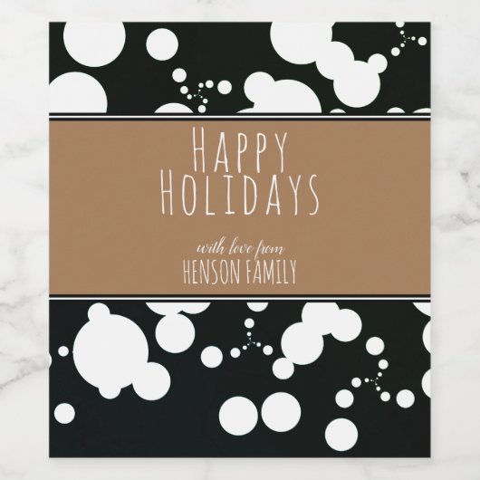 フェスティバルブラックとホワイトのパーソナライズ可能なクリスマス ワインラベル (シングルラベル)