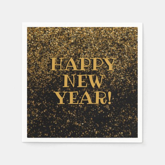 フェスティバルブラックと金ゴールドグリッター紙吹雪ハッピーニュー スタンダードカクテルナプキン (正面)