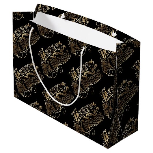 フェスティバルブラックと金ゴールドルックスクリプトメリークリスマス ラージペーパーバッグ (裏面アングル)