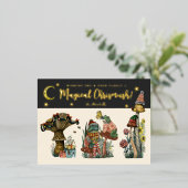 フェスティバルブラックと金ゴールド魔法マッシュルームクリスマス 箔シーズンポストカード (立ち正面)