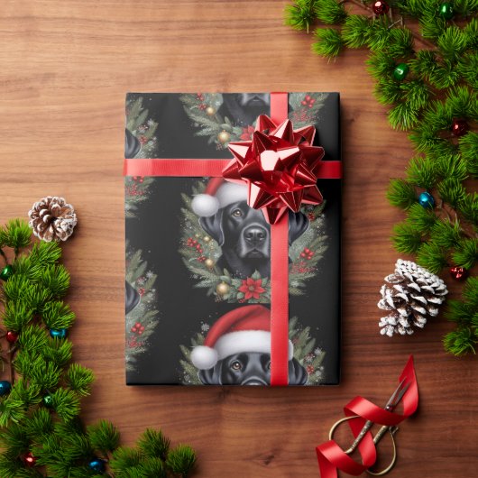 フェスティバルブラックラブラドール着用サンタハット ラッピングペーパー (クリスマスギフト)