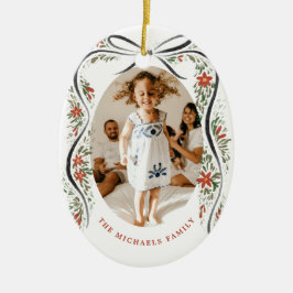 フェスティバルブラックリボンとポインセチアと緑 セラミックオーナメント