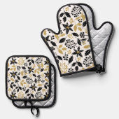 フェスティバルブラック金ゴールドフローラルパターン 鍋つかみ&鍋敷きセット (正面/裏面)