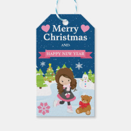 フェスティバルブルネットヘアアイススケートで滑るガール ギフトタグ