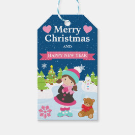 フェスティバルブルネットヘアアイススケートで滑るガール ギフトタグ