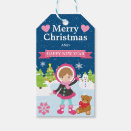 フェスティバルブルネットヘアアイススケートで滑るガール ギフトタグ