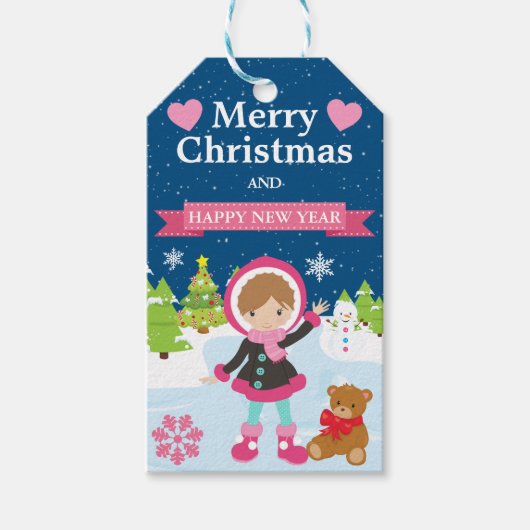 フェスティバルブルネットヘアアイススケートで滑るガール ギフトタグ (正面)