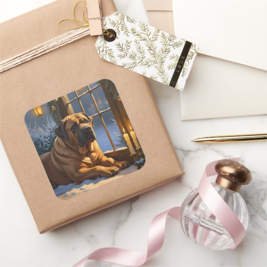 フェスティバルブルマスティフとクリスマスライトホリデイ スクエアシール (ギフト)