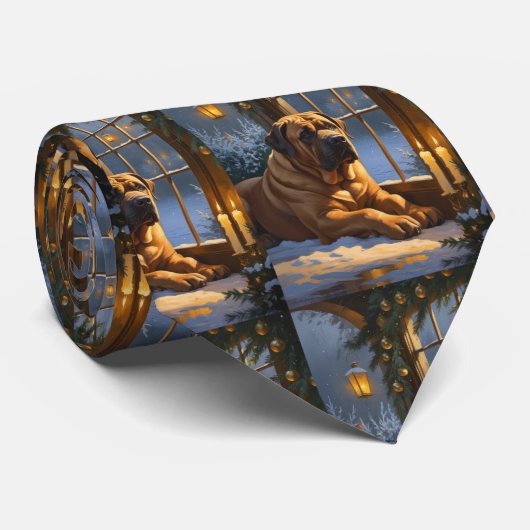 フェスティバルブルマスティフとクリスマスライトホリデイ ネクタイ (ロール)