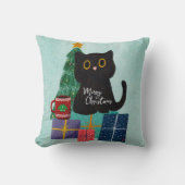 フェスティバルブルーかわいい猫コーヒーメリークリスマス クッション (正面)