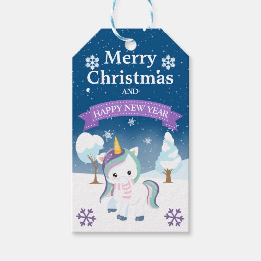 フェスティバルブルーとパープルクリスマスユニコーン ギフトタグ (正面)