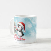 フェスティバルブルーと赤おもしろいペンギンメリークリスマス コーヒーマグカップ (正面左)