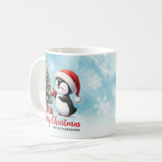 フェスティバルブルーと赤おもしろいペンギンメリークリスマス コーヒーマグカップ (正面左)