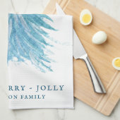 フェスティバルブルークリスマスツリーウォーターカラーホリデー キッチンタオル (四つ折り)