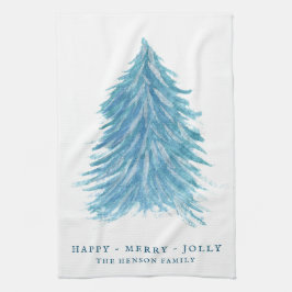 フェスティバルブルークリスマスツリーウォーターカラーホリデー キッチンタオル