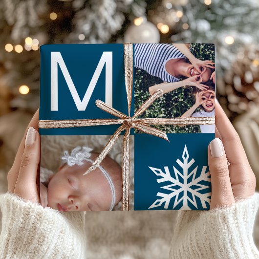 フェスティバルブルースノーフレーク写真コラージュクリスマス ラッピングペーパー