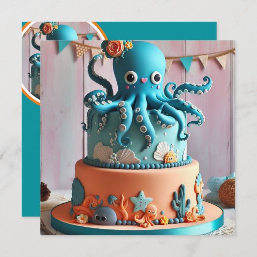 フェスティバルブルータコをテーマにしたお誕生日ケーキ 招待状 (正面/裏面)