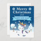 フェスティバルブルーパープル&ホワイトクリスマスユニコーン シーズンポストカード (正面/裏面)