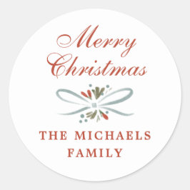 フェスティバルブルーリボンとポインセチアのクリスマス ラウンドシール