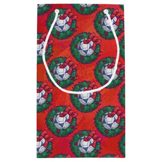 フェスティバルブルー白サッカーの赤のボールパターン スモールペーパーバッグ (裏面)