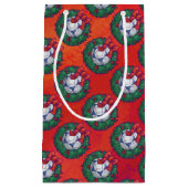 フェスティバルブルー白サッカーの赤のボールパターン スモールペーパーバッグ (正面)